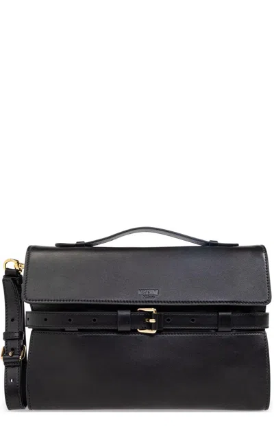 Moschino Logo Embossed Shoulder Bag In Black