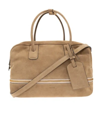 Moschino Logo Embossed Zipped Tote Bag In Sand