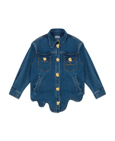Moschino Logo-embroidered Asymmetric-hem Denim Jacket In Blue
