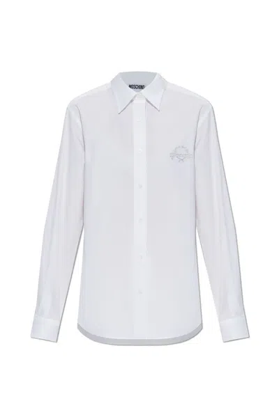 Moschino Logo-embroidered Long-sleeved Shirt In White