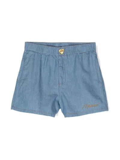 Moschino Kids' Logo-embroidered Chambray Shorts In Blue