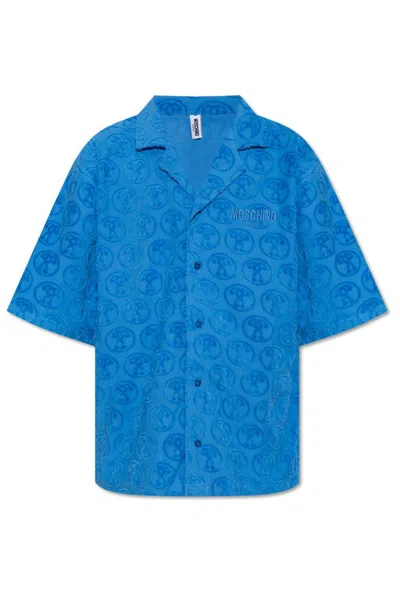 Moschino Logo Embroidered Collared Shirt In Blue