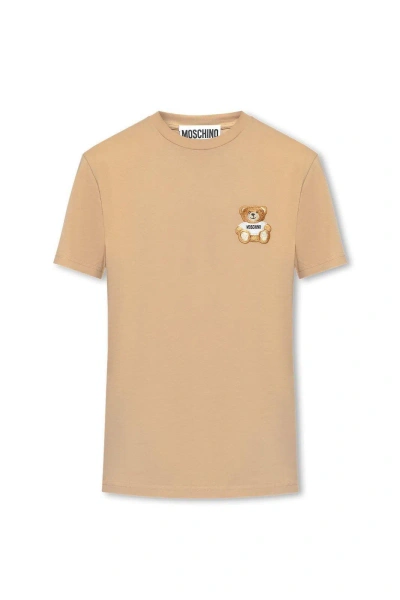 Moschino Logo-embroidered Crewneck T-shirt In Beige