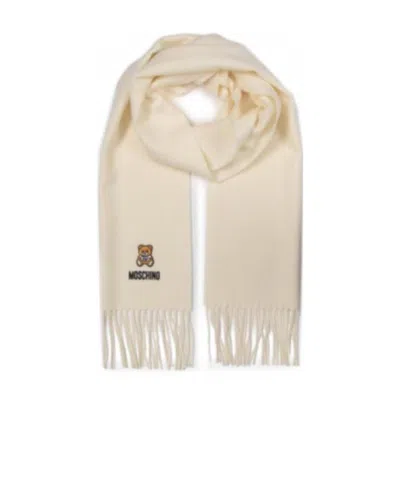 Moschino Logo-embroidered Fringed Scarf In Nude