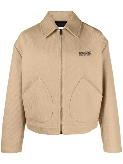 Moschino Logo-embroidered Herringbone Shirt Jacket In Nude