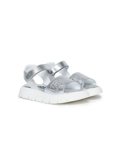 Moschino Kids' Logo-embroidered Leather Sandals In Silver