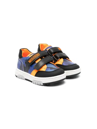 Moschino Kids' Logo-embroidered Leather Sneakers In Blue