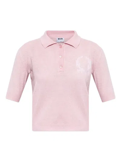 Moschino Knit Polo Shirt Short Sleeves Ribbed Edges In Pink