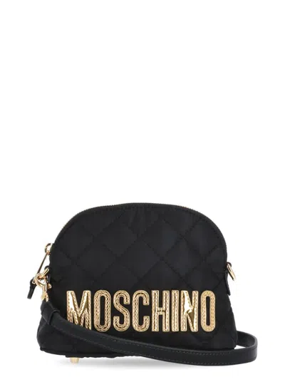 Moschino Logo Embroidered Quilted Shoulder Bag In Black