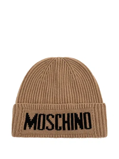 Moschino Logo-embroidered Ribbed Beanie In Neutral