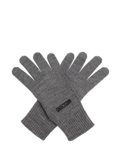 Moschino Logo-embroidered Ribbed Gloves In Gray