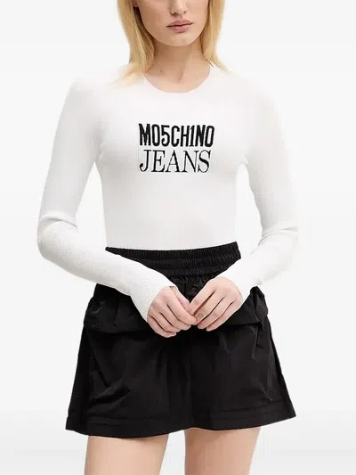 Moschino Logo-embroidered Ribbed Knit Top In White