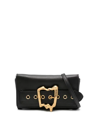 Moschino Logo-engraved Leather Crossbody Bag In Black