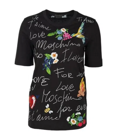 Moschino Logo Flower Embroidery T-shirt In Black
