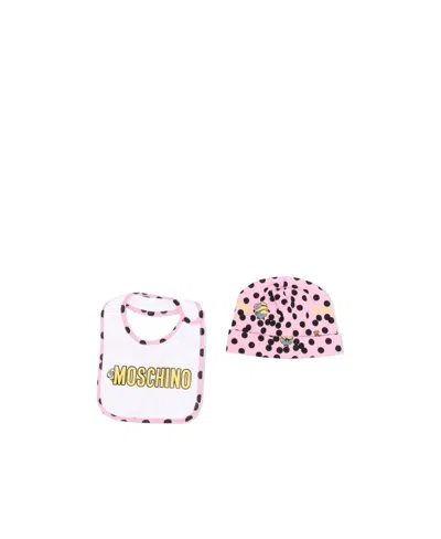 Moschino Logo, Hat, Bib, Two Pieces. In White