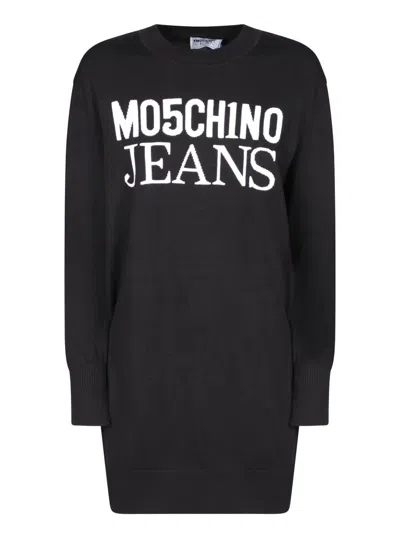 Moschino Logo Intarsia Knit Crewneck Mini Dress In Black