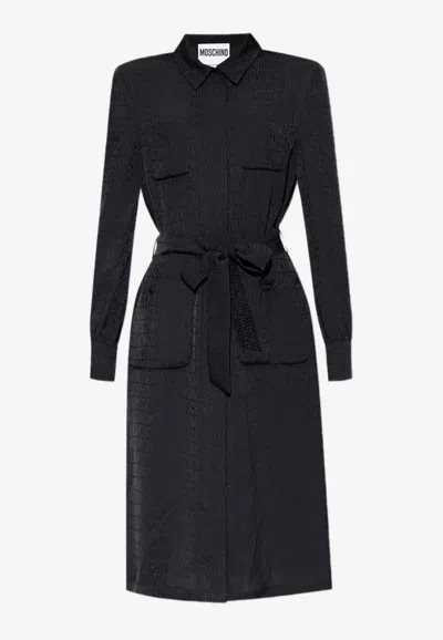 Moschino Logo Jacquard Belted Dress In Black