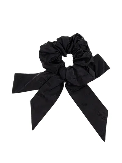 Moschino Logo-jacquard Bow Hair Scrunchie In Black
