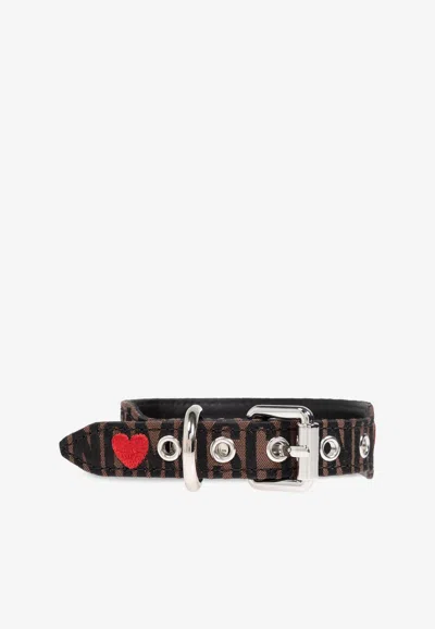 Moschino Logo Jacquard Buckled Dog Collar In Brown