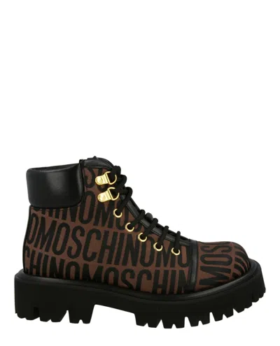 Moschino Logo Jacquard Lace-up Ankle Boots In Brown