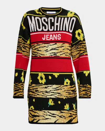 Moschino Logo Jacquard Wool Sweater Dress In Multi