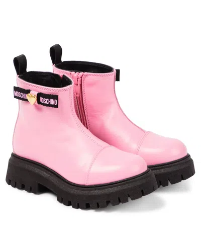 Moschino Kids' Logo Leather Ankle Boots In Pink