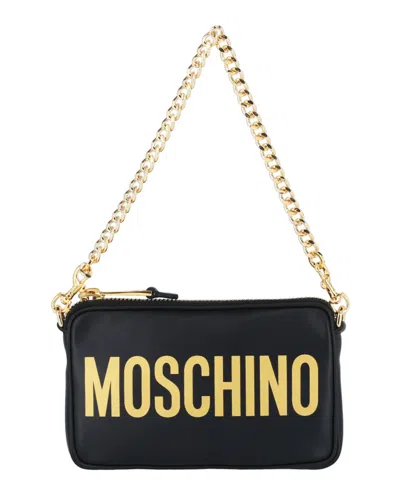Moschino Logo Leather Chain Shoulder Bag In Black