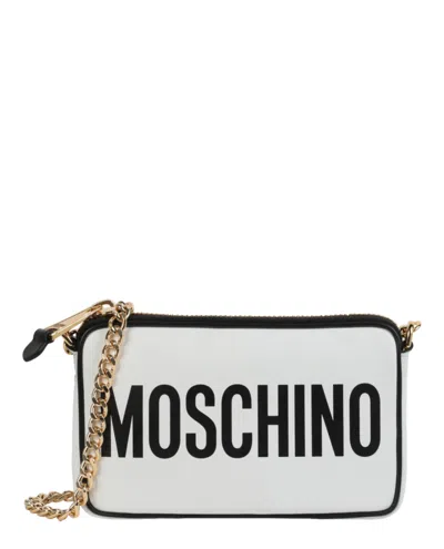 Moschino Logo Leather Chain Shoulder Bag In White