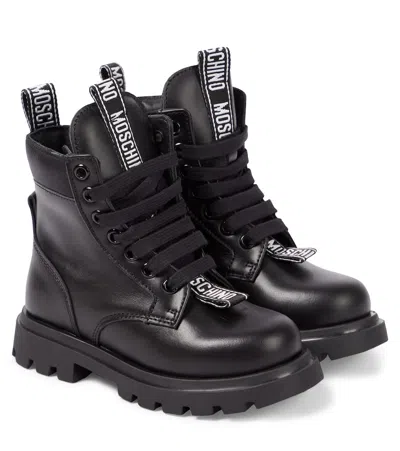 Moschino Kids' Logo Leather Combat Boots In Black