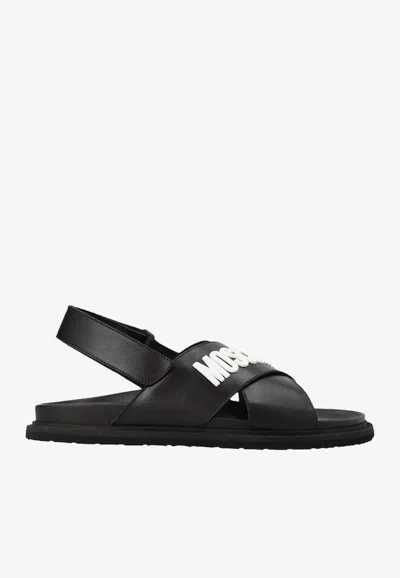 Moschino Logo Leather Sandals In Black