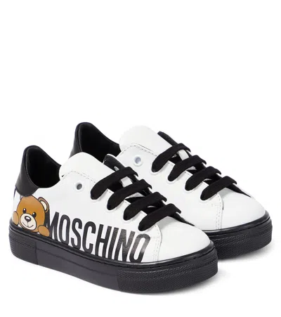 Moschino Kids' Logo Leather Sneakers In White