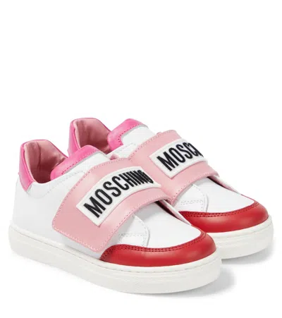 Moschino Kids' Logo Leather Sneakers In White
