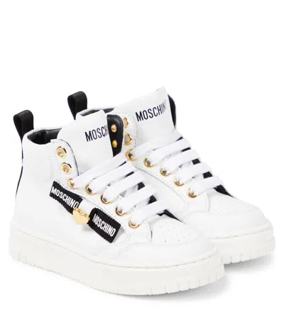 Moschino Kids' Logo Leather Sneakers In White