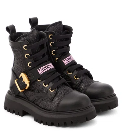 Moschino Kids' Logo Leather-trimmed Combat Boots In Schwarz