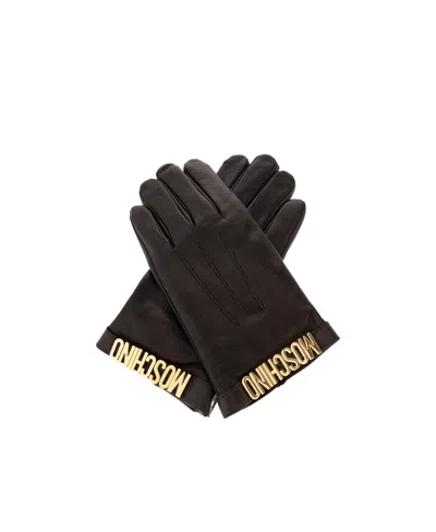 Moschino Logo-letter Leather Gloves In Black