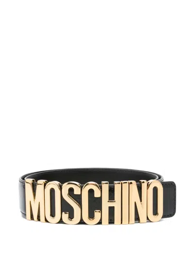 Moschino Crystal Embellished Logo Leather Belt In Black