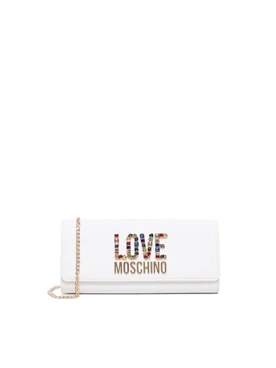 Moschino Logo-lettering Chain-linked Clutch Bag In Bianco
