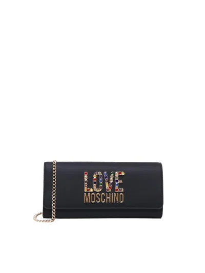 Moschino Logo-lettering Chain-linked Clutch Bag In Nero