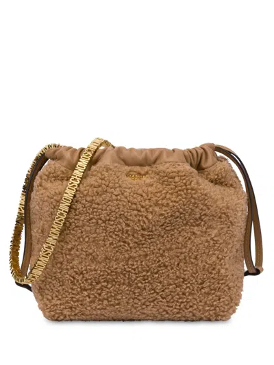 Moschino Logo-lettering Faux-shearling Shoulder Bag In Brown