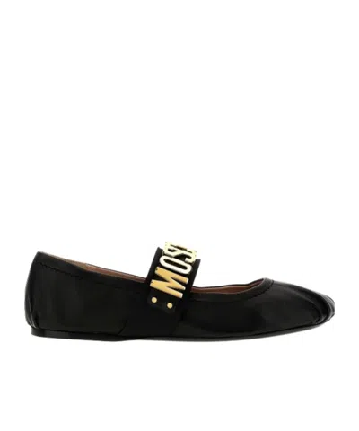 Moschino Logo-lettering Leather Ballerina Shoes In Black