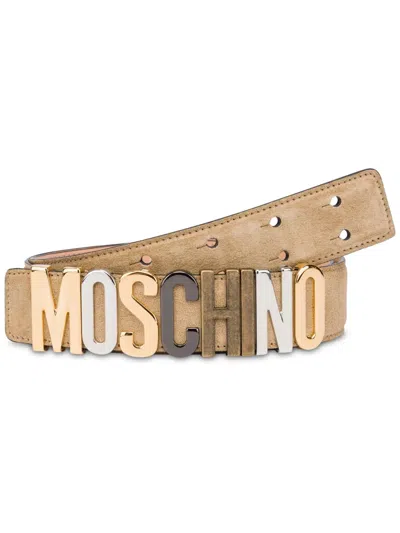 Moschino Logo Lettering Leather Belt In Neutrals