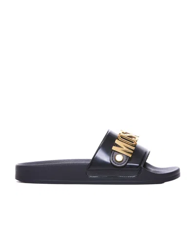 Moschino Logo Lettering Round Toe Slides In Black