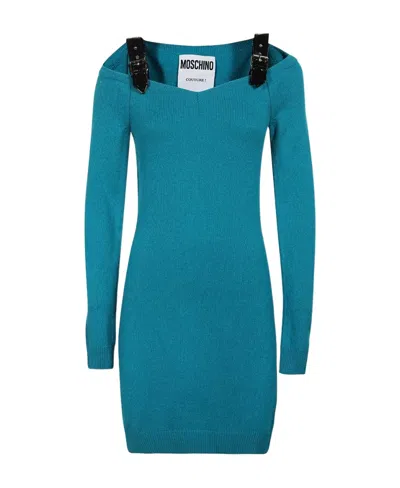 Moschino Logo Long-sleeved Dress In Blue