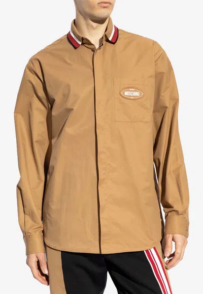 Moschino Logo-patch Stripe-detail Shirt In Beige