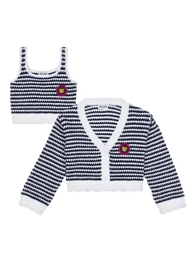 Moschino Kids' Logo-patch Cardigan Set In Blue