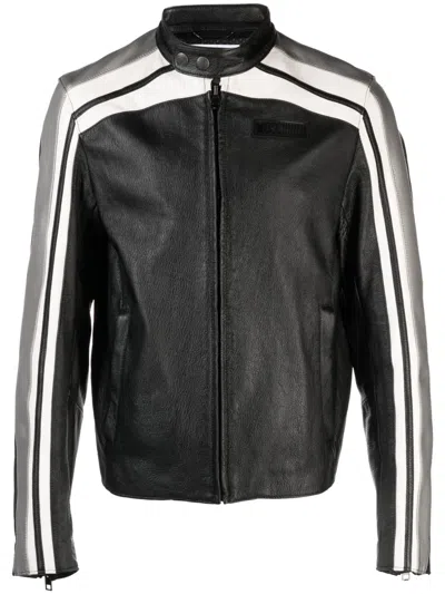 Moschino Logo-patch Leather Biker Jacket In Black