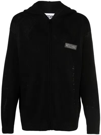 Moschino Logo-patch Open-knit Hoodie In Black