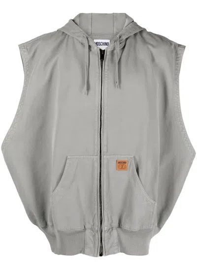 Moschino Logo-patch Sleeveless Hooded Jacket In Grey