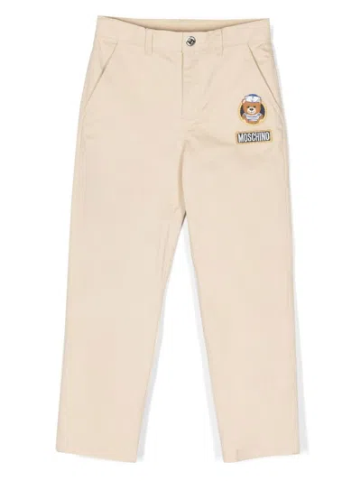 Moschino Kids' Logo-patch Straight-leg Chinos In Neutrals