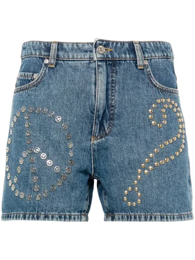 MOSCHINO LOGO-PATCH STUD-EMBELLISHED DENIM SHORTS